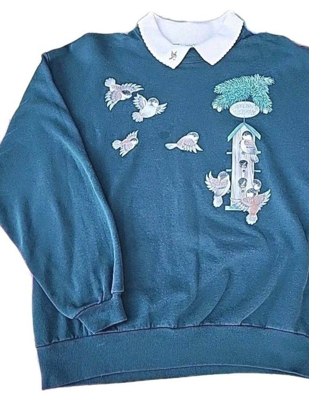 VTG Morning Sun USA-made Collared Birds Cotton Blend Green Sweater Sz L
